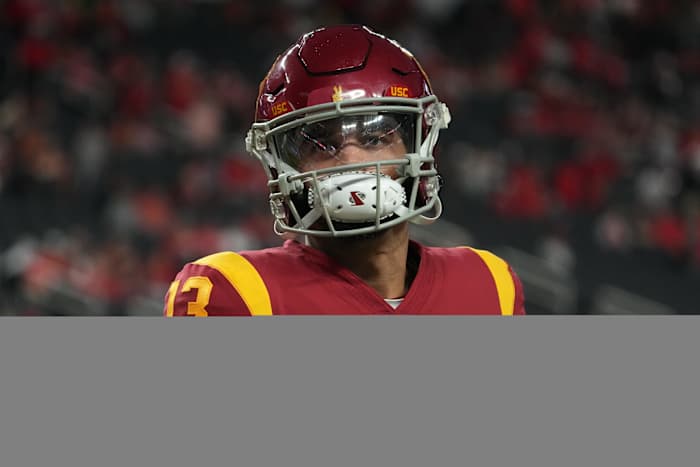 A detailed view of the fingernails of Southern California Trojans quarterback Caleb Williams reacts during the Pac-12 Championship at Allegiant Stadium.